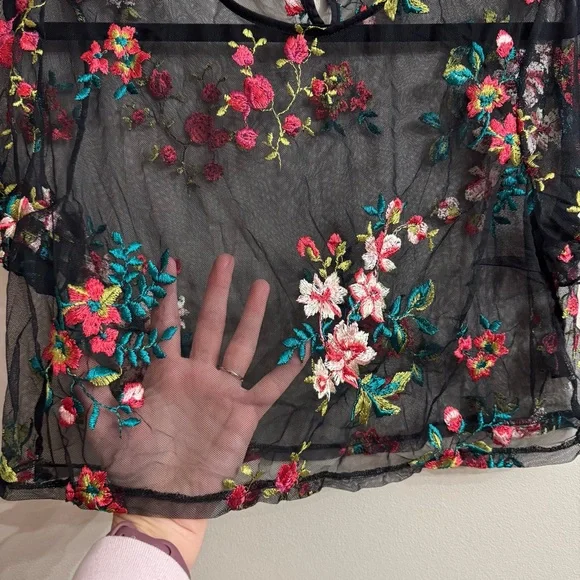 Floral Embroidered Sheer Black Top | Women’s Size Large - Picture 2 of 7